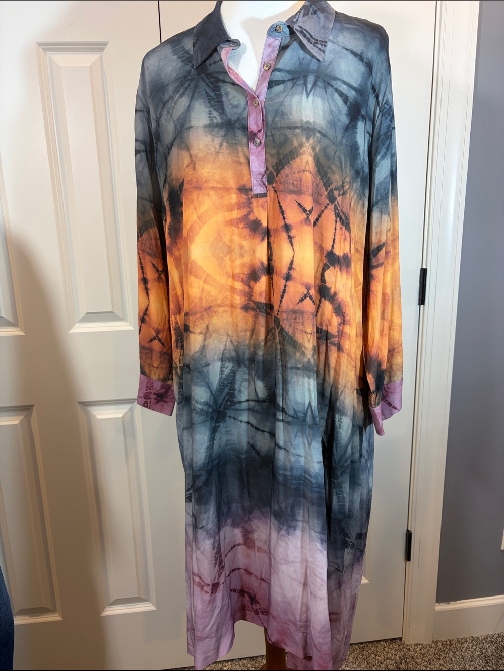 Johnny Was calme Long Sleeve Tie-Dye Shirt Dress dress in Orange, Gray & Purple